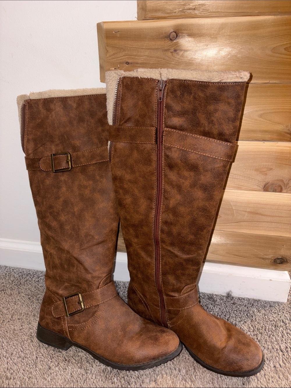 Women's Brown Faux-Leather Knee-High Boots with Shearling Lining